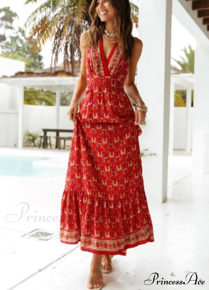 Deep V-Neck Halter Bandage A-Line Beach Dress M / Red Dresses