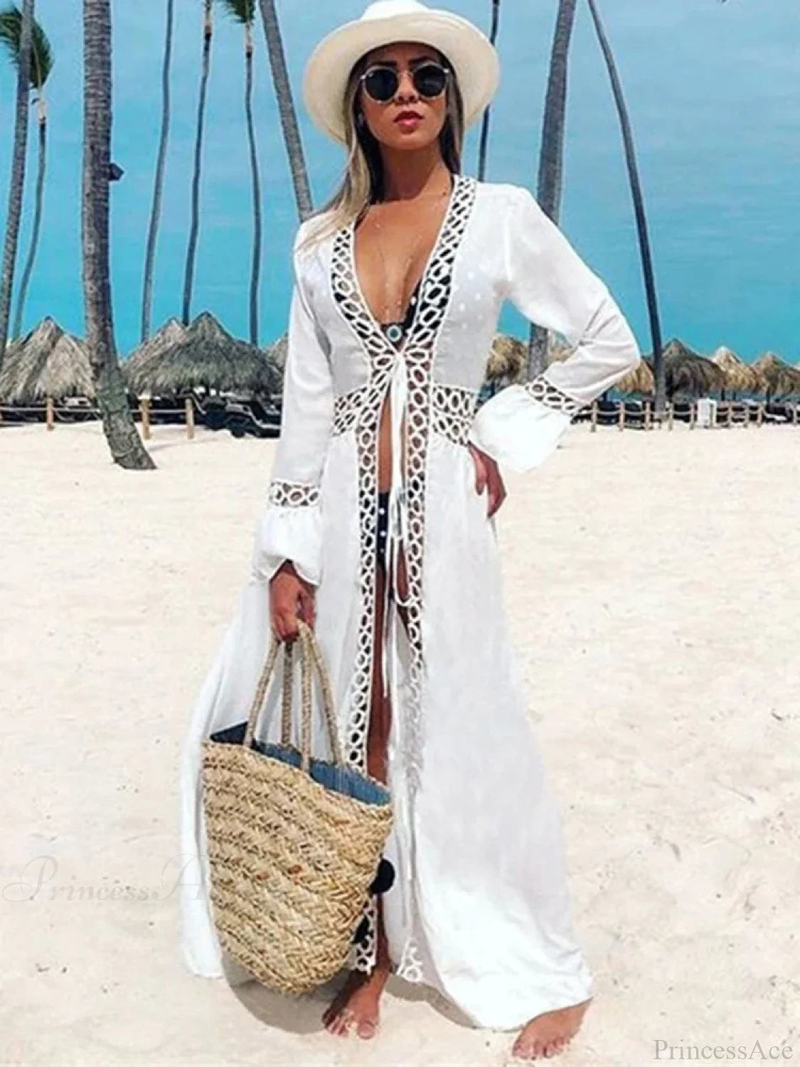 Deep V-Neck Hollow Out Bikini Cover Up WHITE / One Size