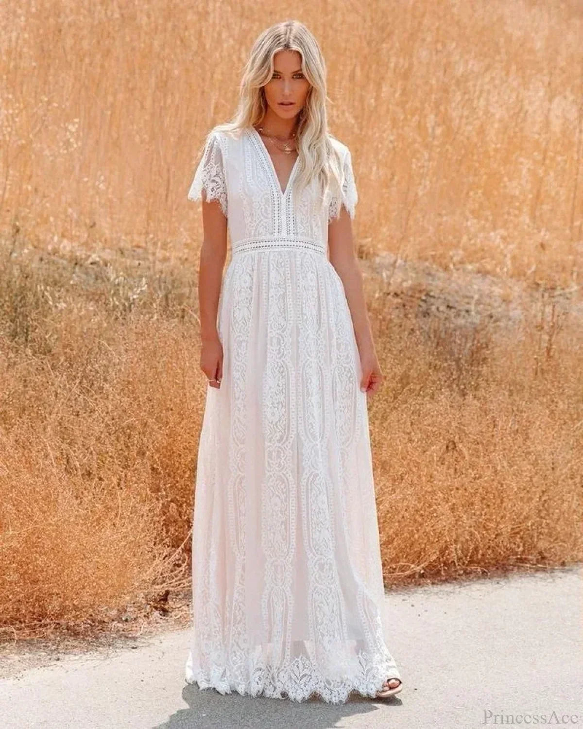Deep V-neck Lace Hollow Out Vintage White Boho Dress bohodress-250126