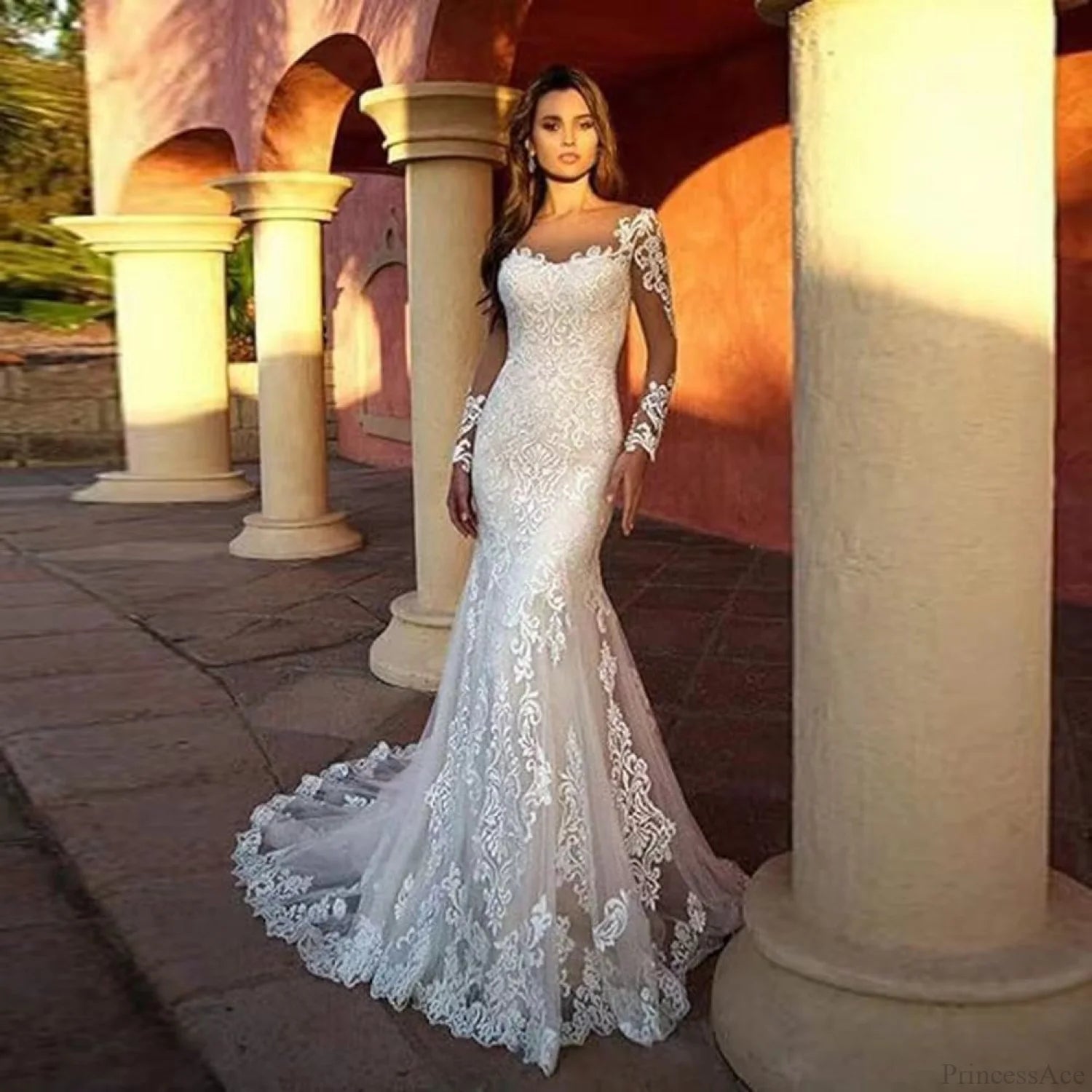 Deep V-Neck Lace Mermaid Wedding Dress lvory white / 2 weddingdress-250223