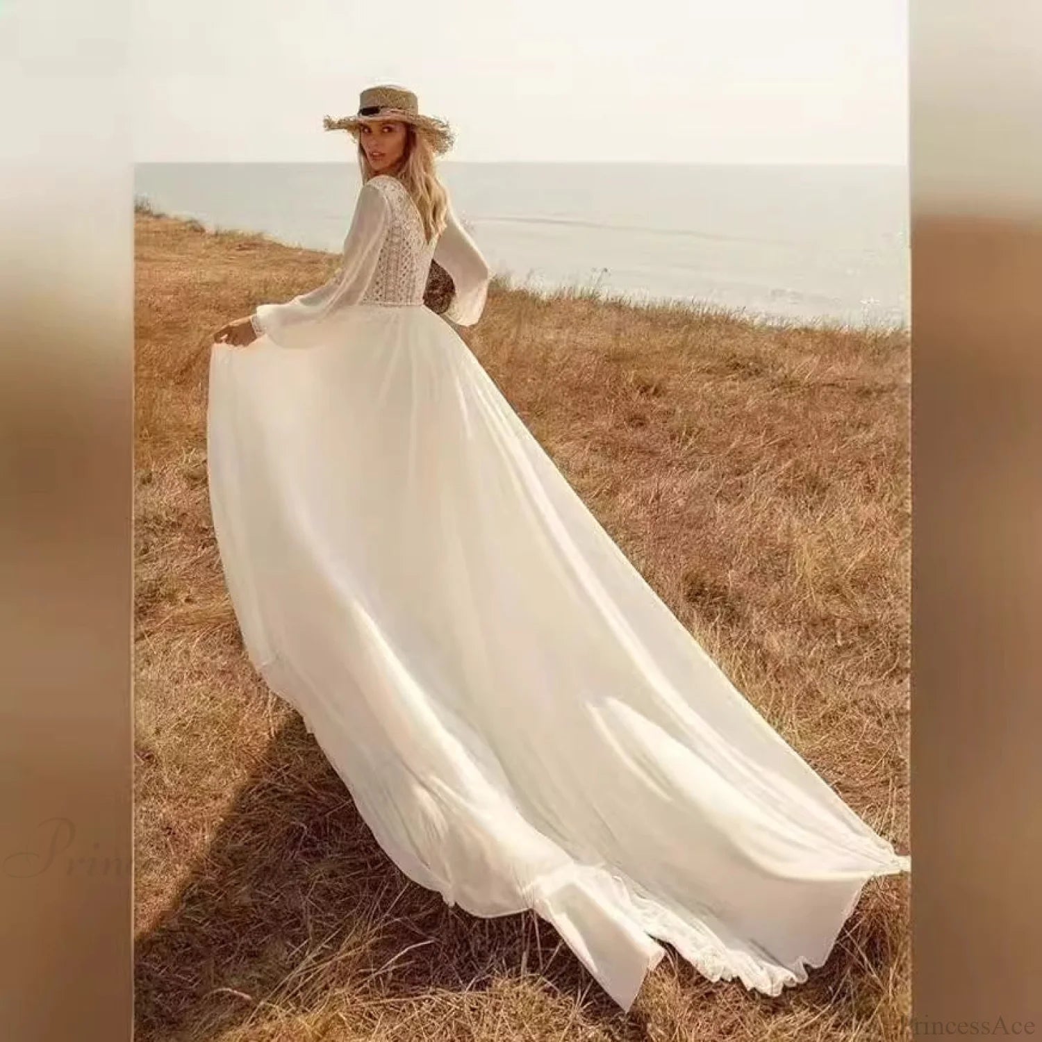 Deep V-Neck Long Sleeve Bridal Wedding Dress weddingdress-250223