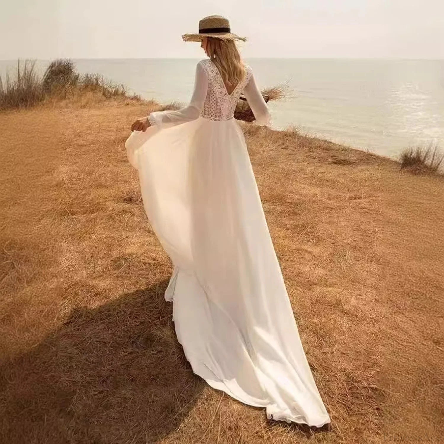 Deep V-Neck Long Sleeve Bridal Wedding Dress weddingdress-250223