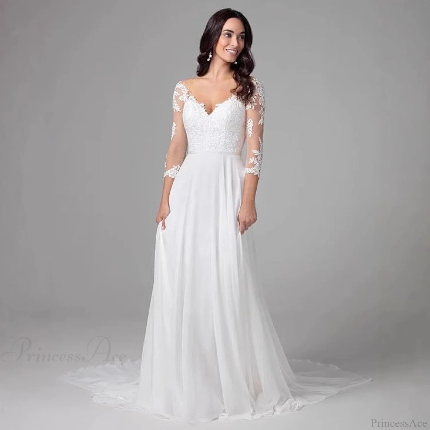 Deep V-Neck Long Sleeve Evening Wedding Dress white / 2 weddingdress-250223