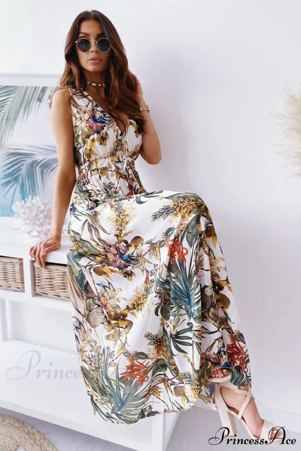 Deep V Neck Print Sleeveless Boho Dress White / S