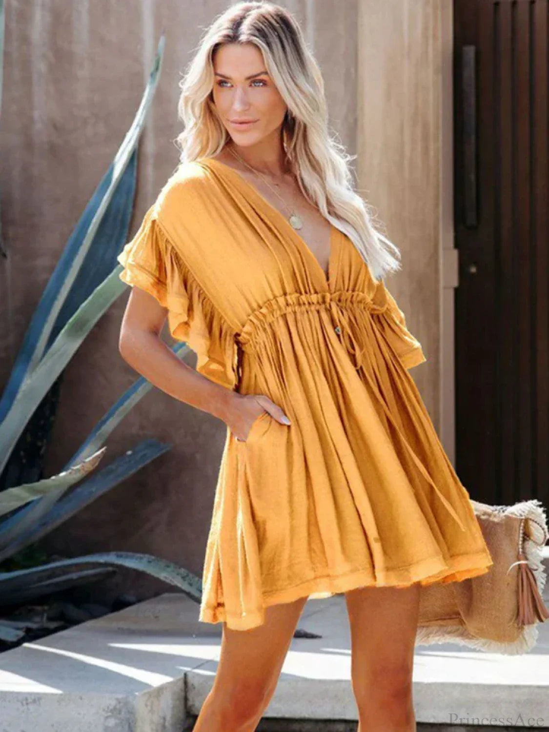 Deep V-Neck Ruffle Lace Up Beach Cover Up color2 / One Size