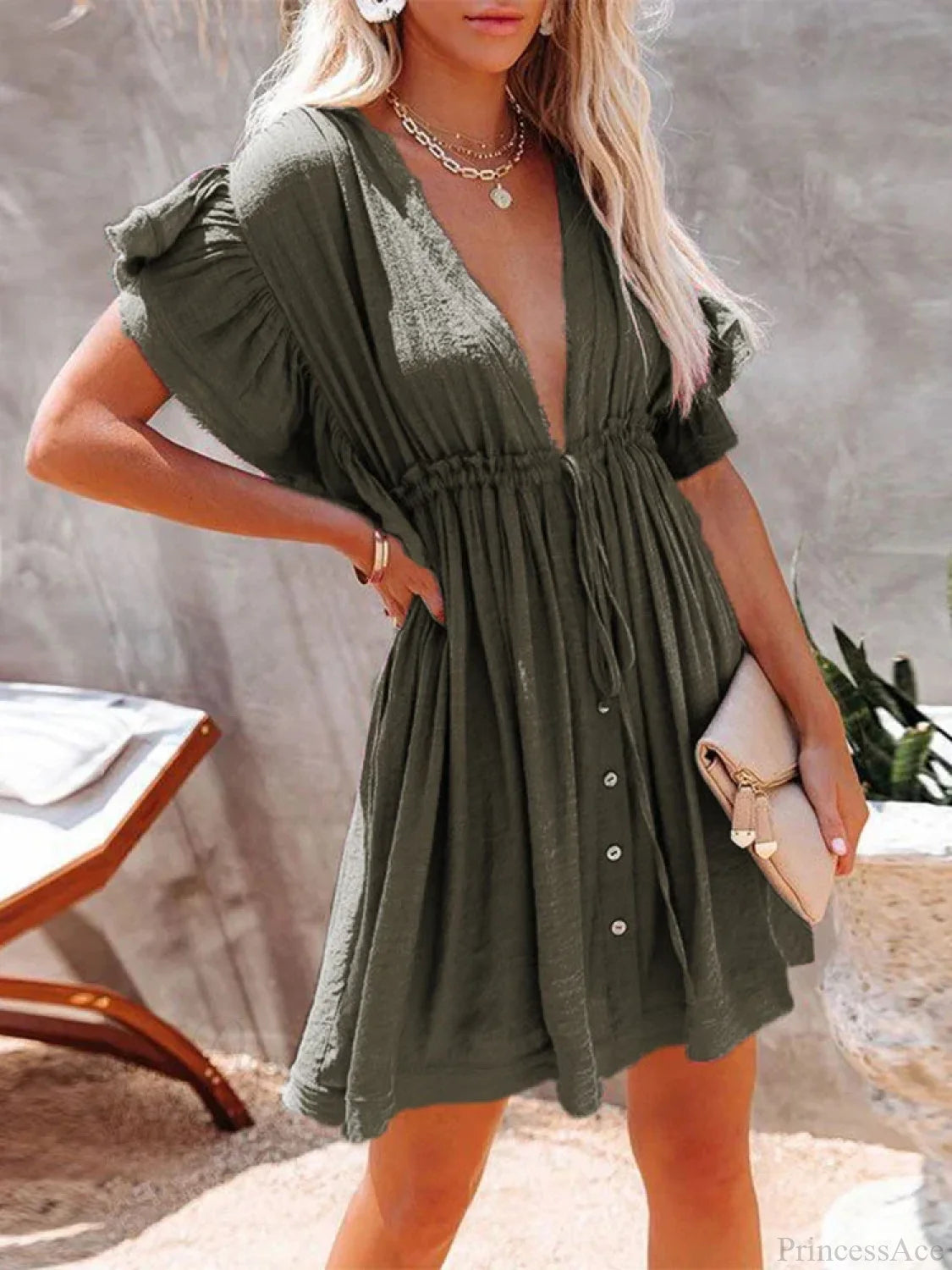Deep V-Neck Ruffle Lace Up Beach Cover Up color8 / One Size