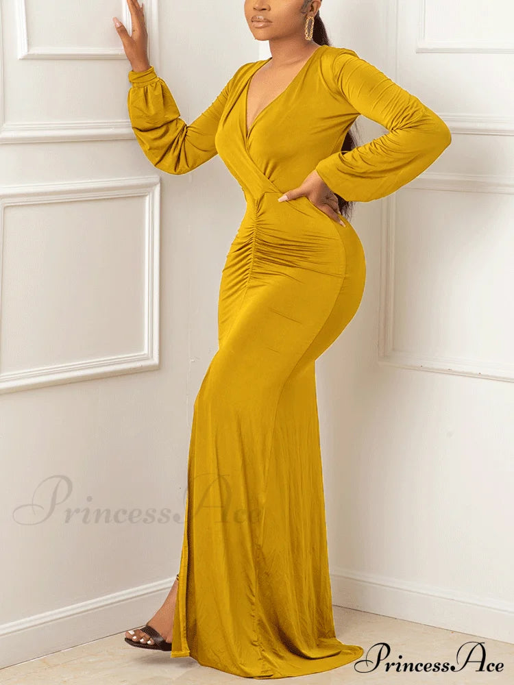 Deep V-Neck Sequins Trendy Slit Maxi Dress Yellow / L Dresses