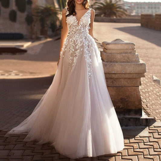 Deep V-Neck Sexy Satin Wedding Dress lvory white / S weddingdress-250223