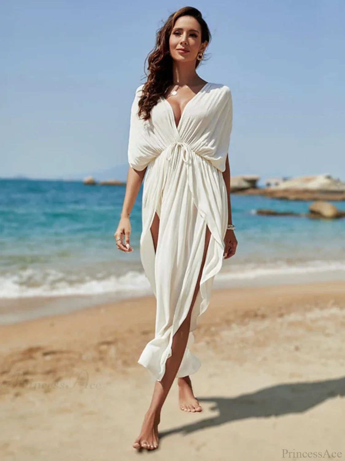 Deep V-Neck Slit Cut Bikini Cover Up Dress WHITE / One Size