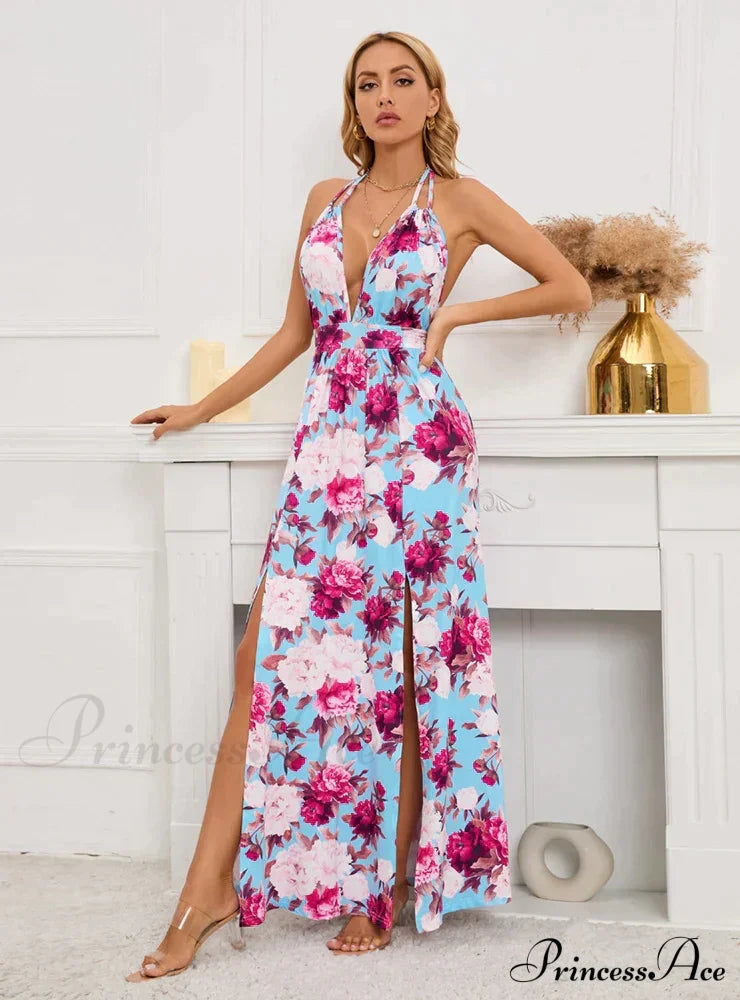 Deep V-Neck Slit Printed Long Dress L / White