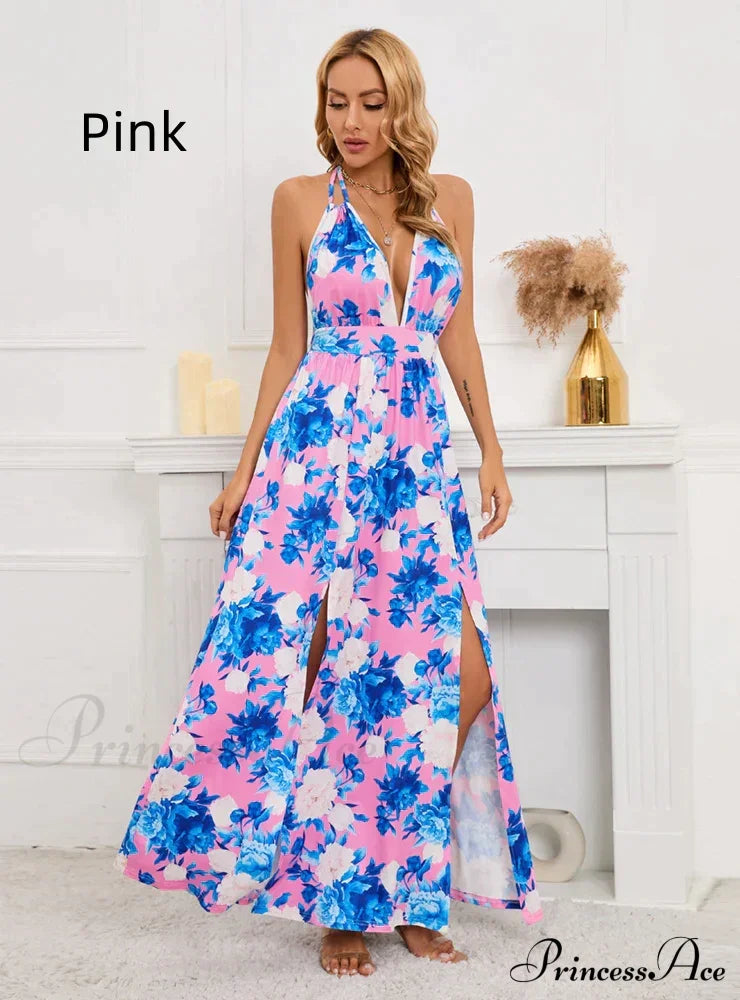 Deep V-Neck Slit Printed Long Dress S / Blue