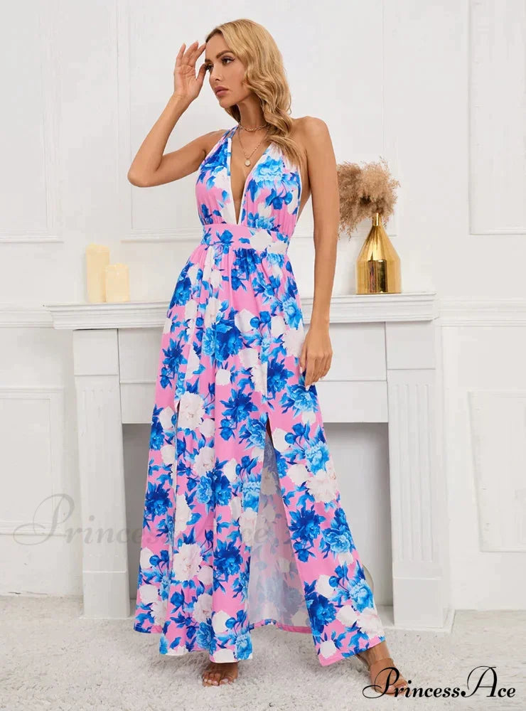Deep V-Neck Slit Printed Long Dress S / Pink