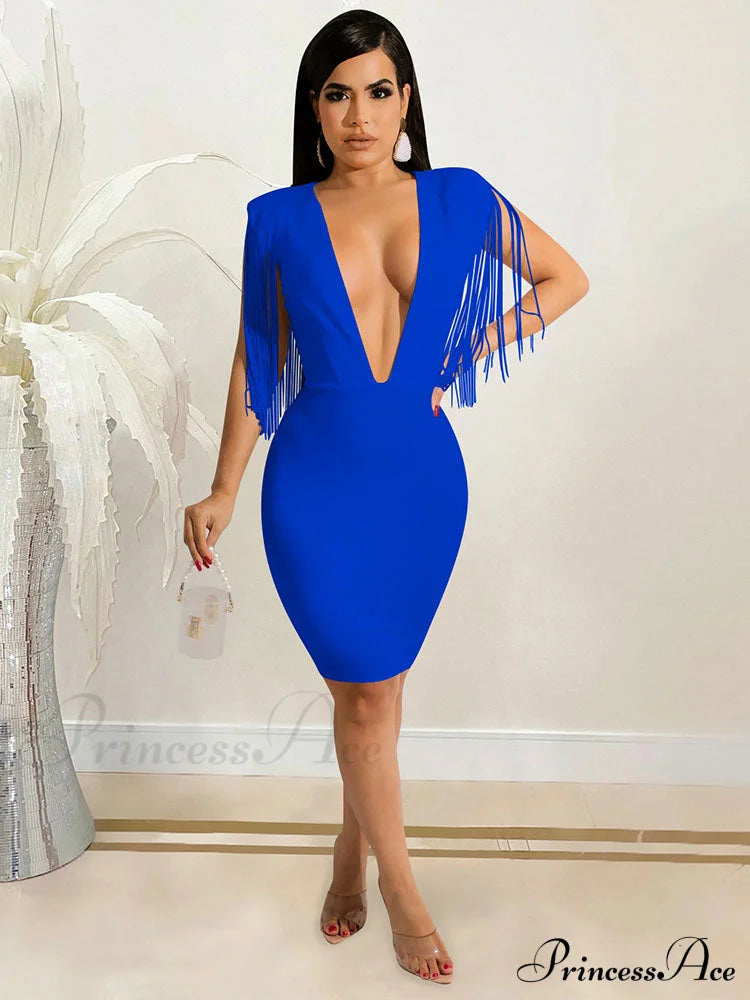 Deep V Neck Spaghetti Strap Classic Ruched Party Mini Dress - Red Blue / L Dresses