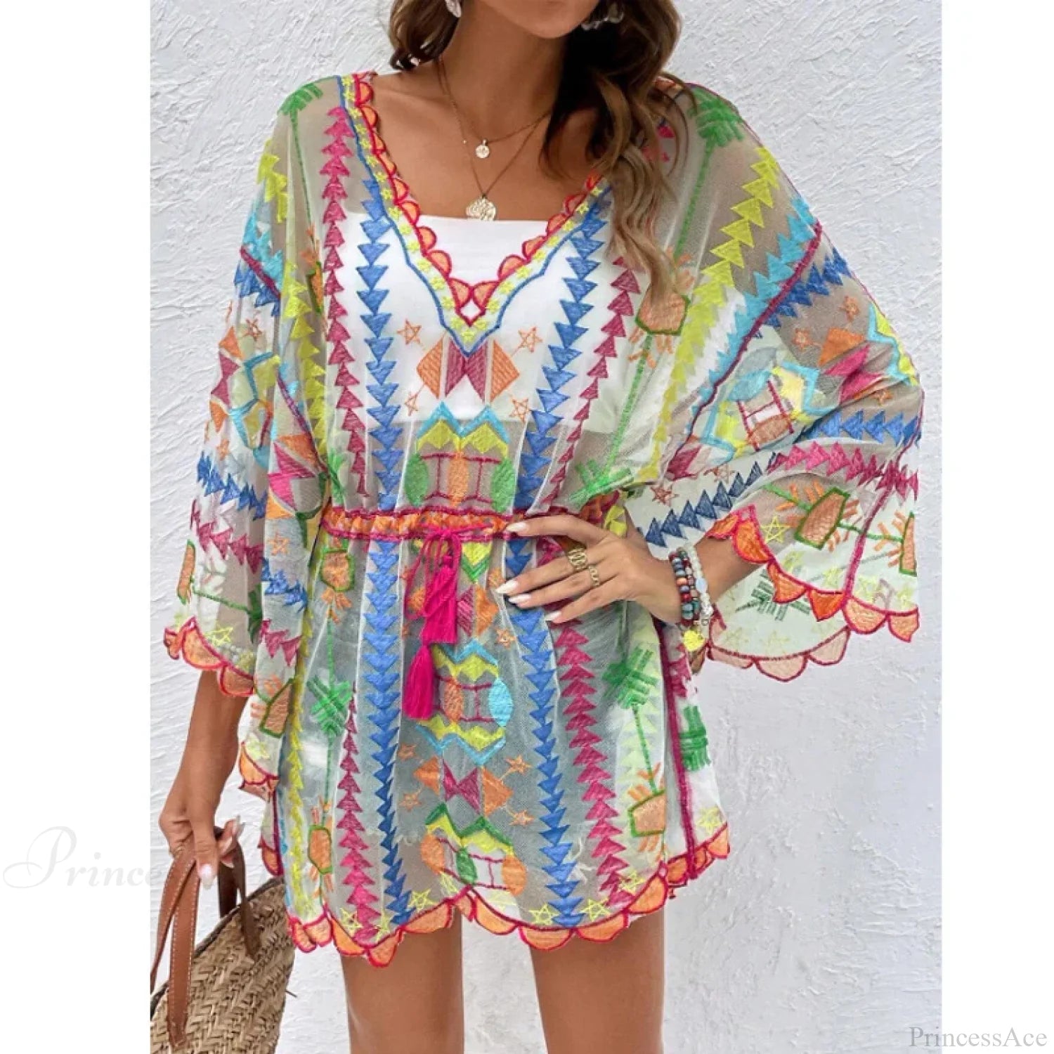 Deep V-neck Tunic Lace Boho Mini Beach Cover up as picture / One Size bohocoverup-250126