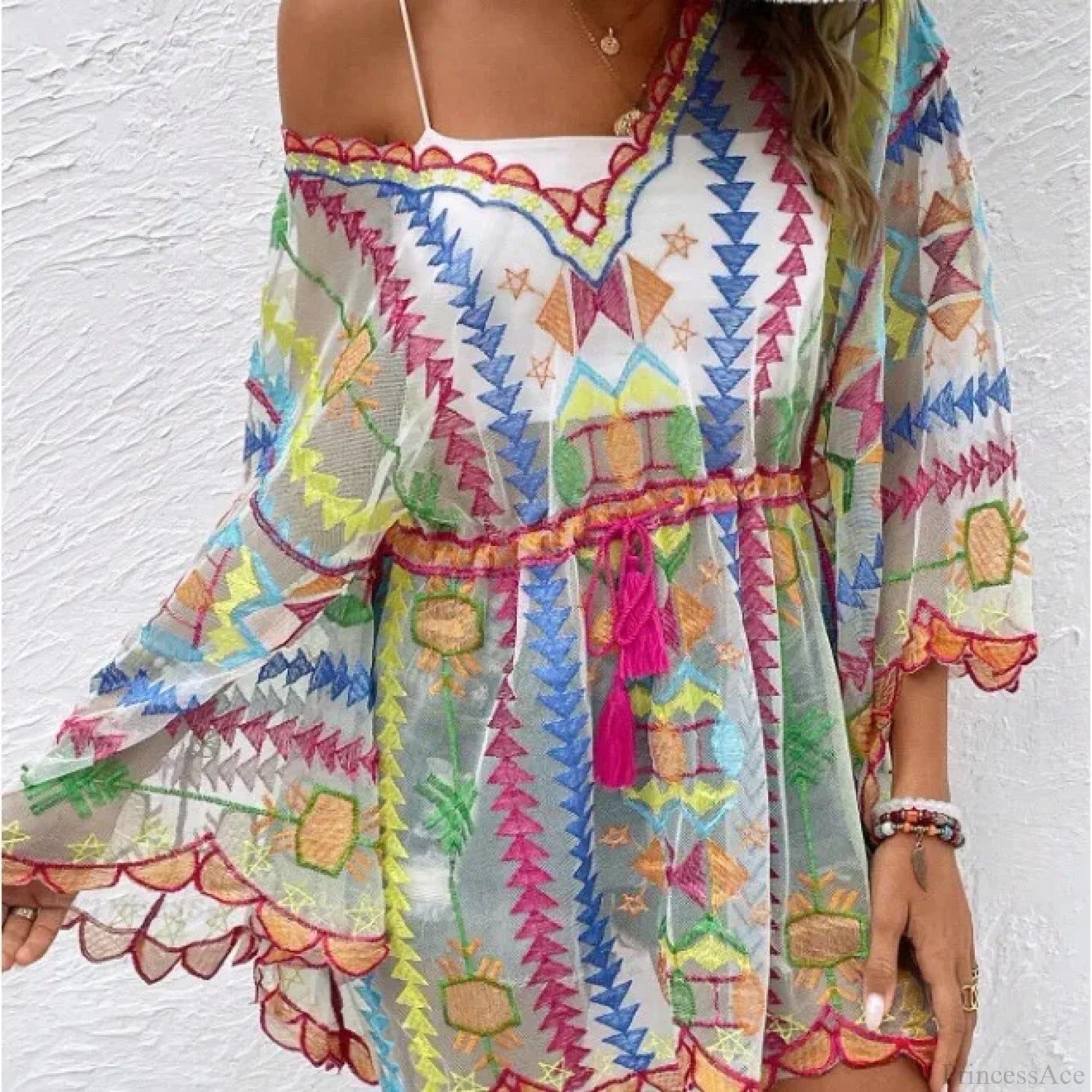 Deep V-neck Tunic Lace Boho Mini Beach Cover up as picture / One Size bohocoverup-250126
