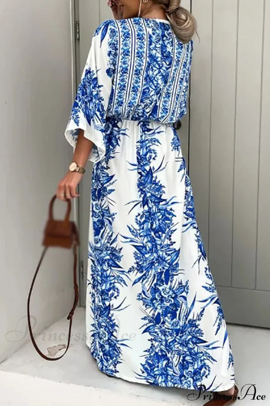 Deep V Neck Waist Drawstring Spring Pattern Vintage Boho Dress