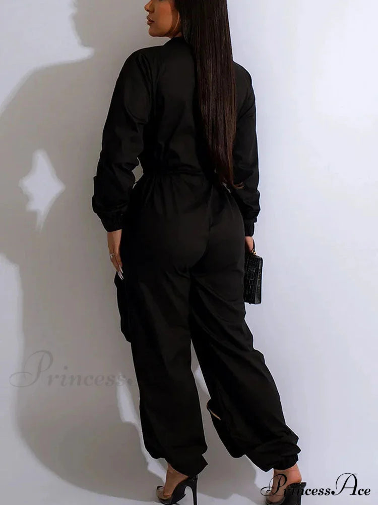 Deep V Shawl Collar Bishop Classic Sleeve Puffer Jacket - Black Jumpsuits & Rompers