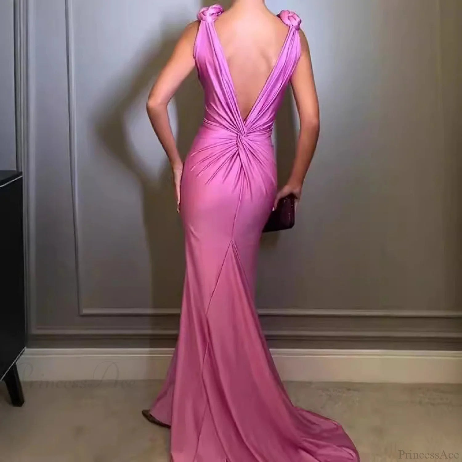 Deep V Sleeveless Backless Solid Color Prom Dress promdress-250223