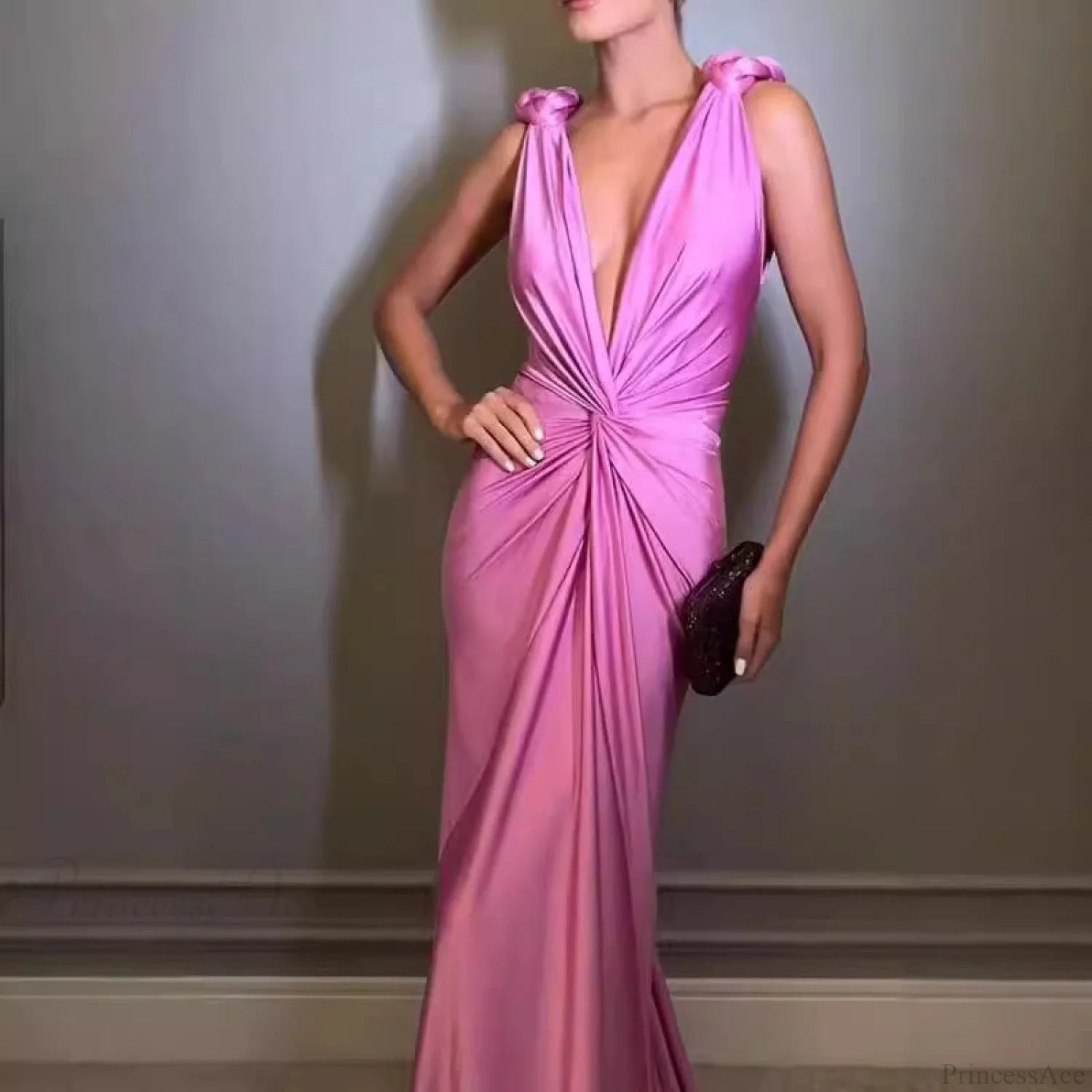 Deep V Sleeveless Backless Solid Color Prom Dress promdress-250223