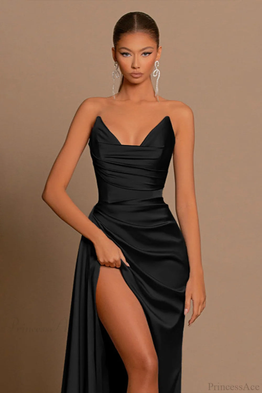 Deep V Waist-Cinched Satin Split Bodycon Party Dress