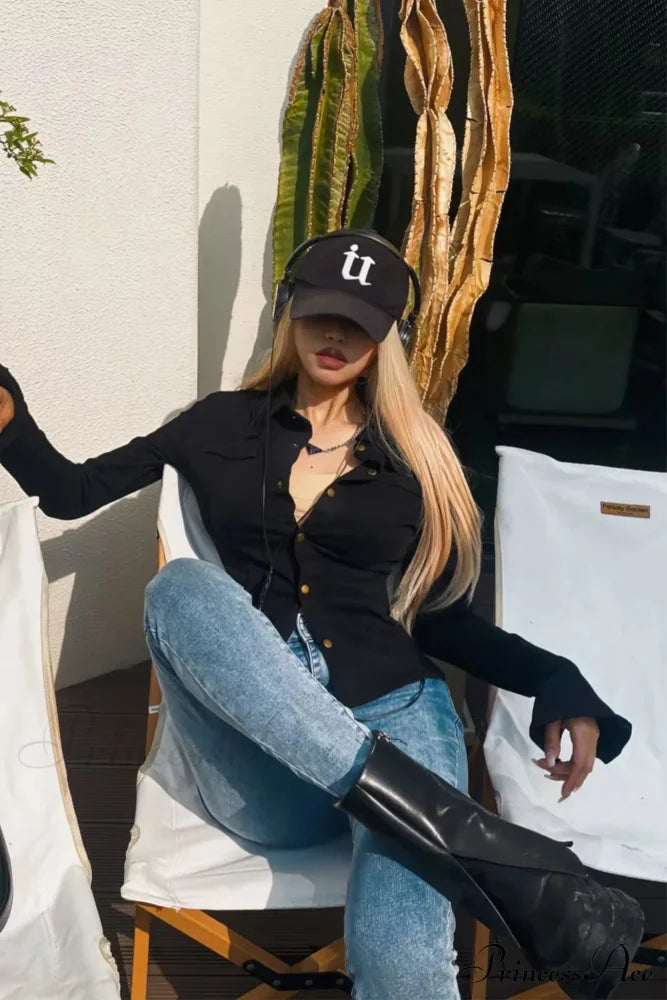 Denim Blouse With Bell Sleeves And Lapel Black / M Blouses