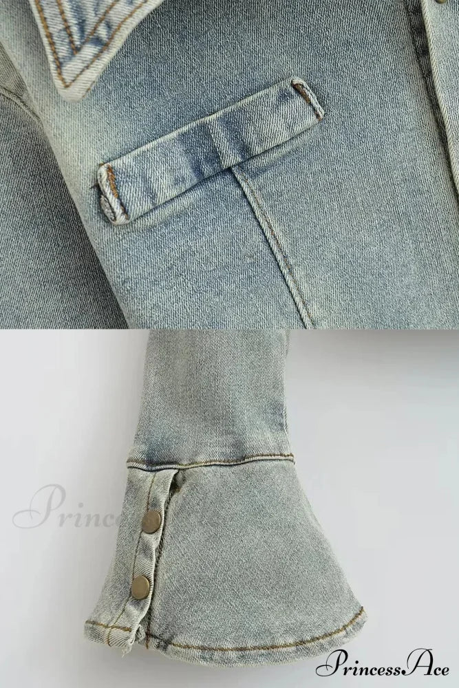 Denim Blouse With Bell Sleeves And Lapel Blouses
