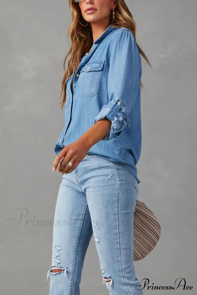 Denim Button-Up Blouse Blouses