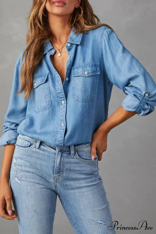 Denim Button-Up Blouse Blue / S Blouses