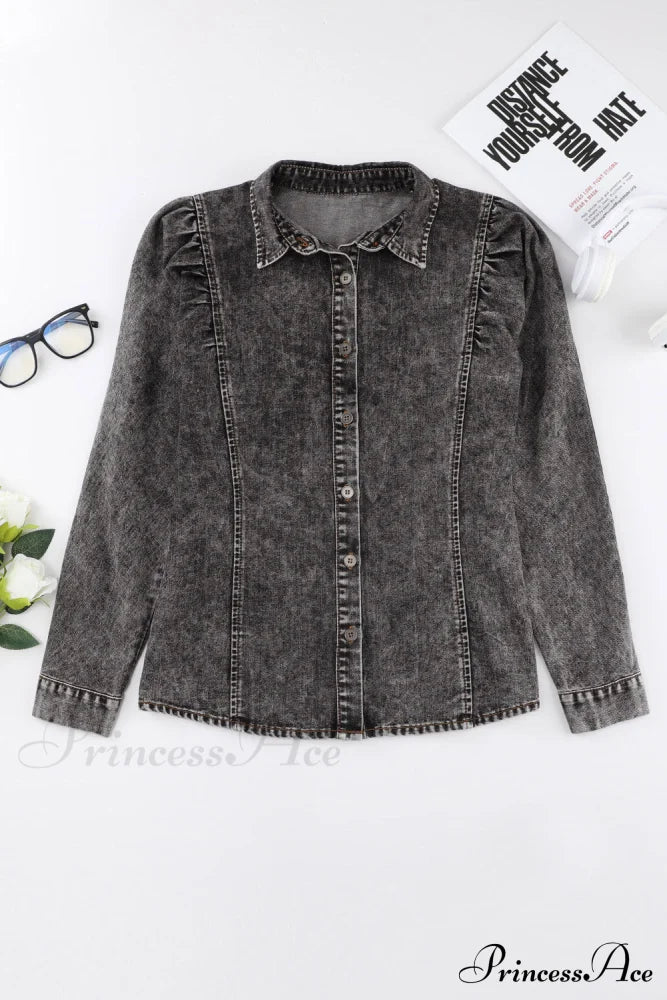 Denim - Jacket Puff Button-Up Arm Black Outerwear