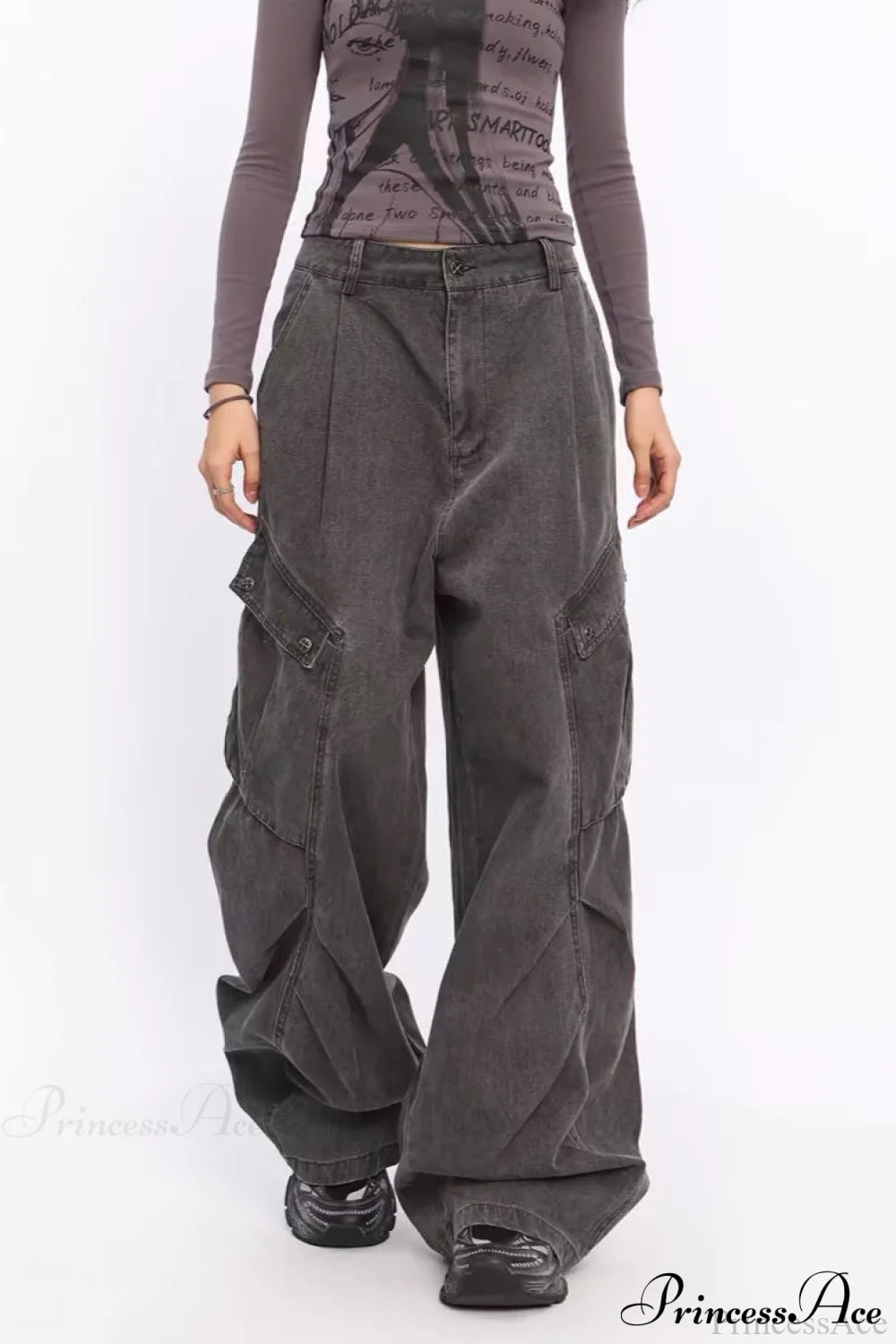 Denim Large Pocket Wide-Leg Cargo Pants