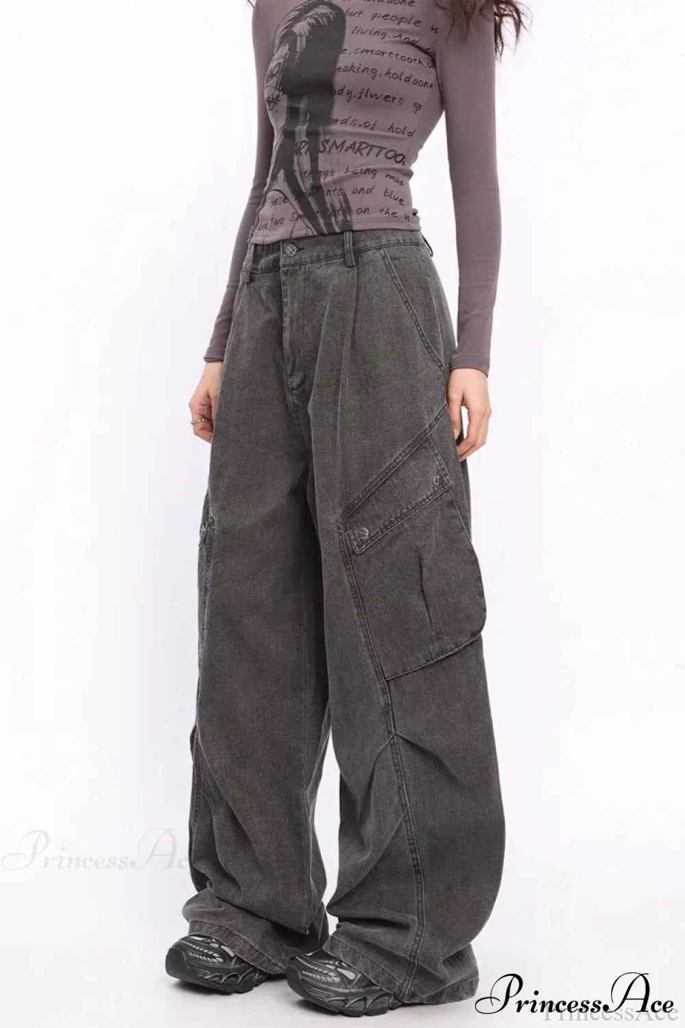 Denim Large Pocket Wide-Leg Cargo Pants