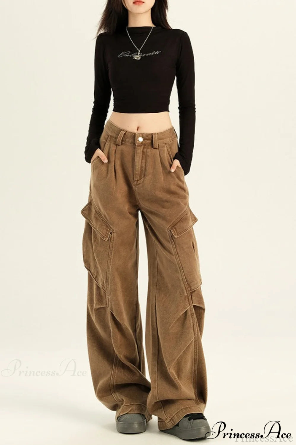 Denim Loose Wide Leg Flattering Cargo Pants Brown / XS