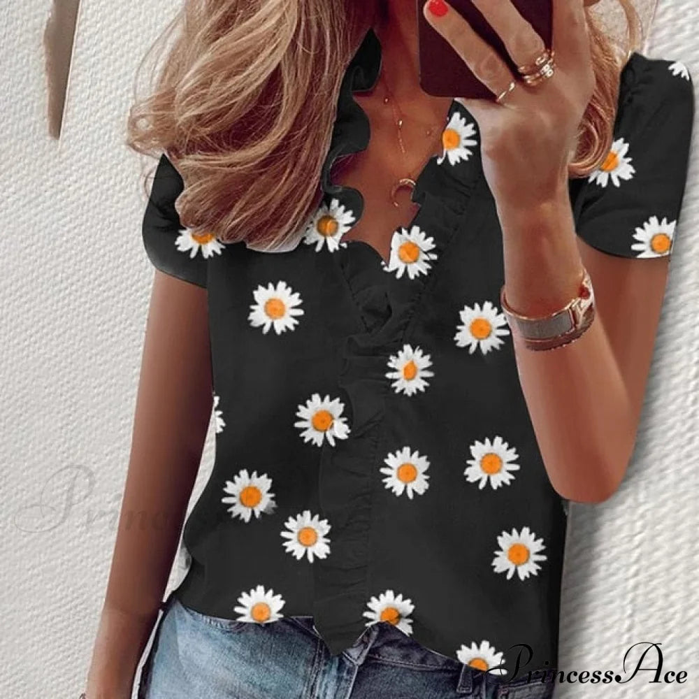 Design Blouse Office Bohemian V-Neck Arm Retro Slim Flowered Brief Women Ruffles Casual Lady Tops