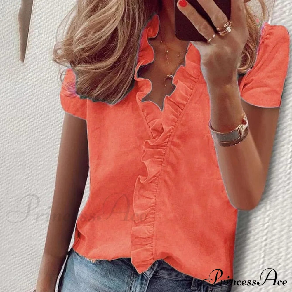 Design Blouse Office Bohemian V-Neck Arm Retro Slim Flowered Brief Women Ruffles Casual Lady Tops