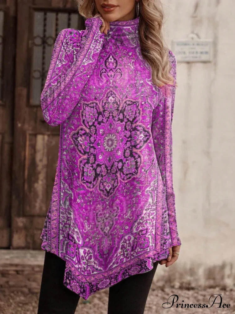 High collar bohemian print casual long sleeve Turtleneck Long Sweater T-shirt Pattern3 clothes long sleeve shirt long sleeve shirts long sleeve tops shirt tops Tops/Blouses turtleneck shirt turtleneck sweater