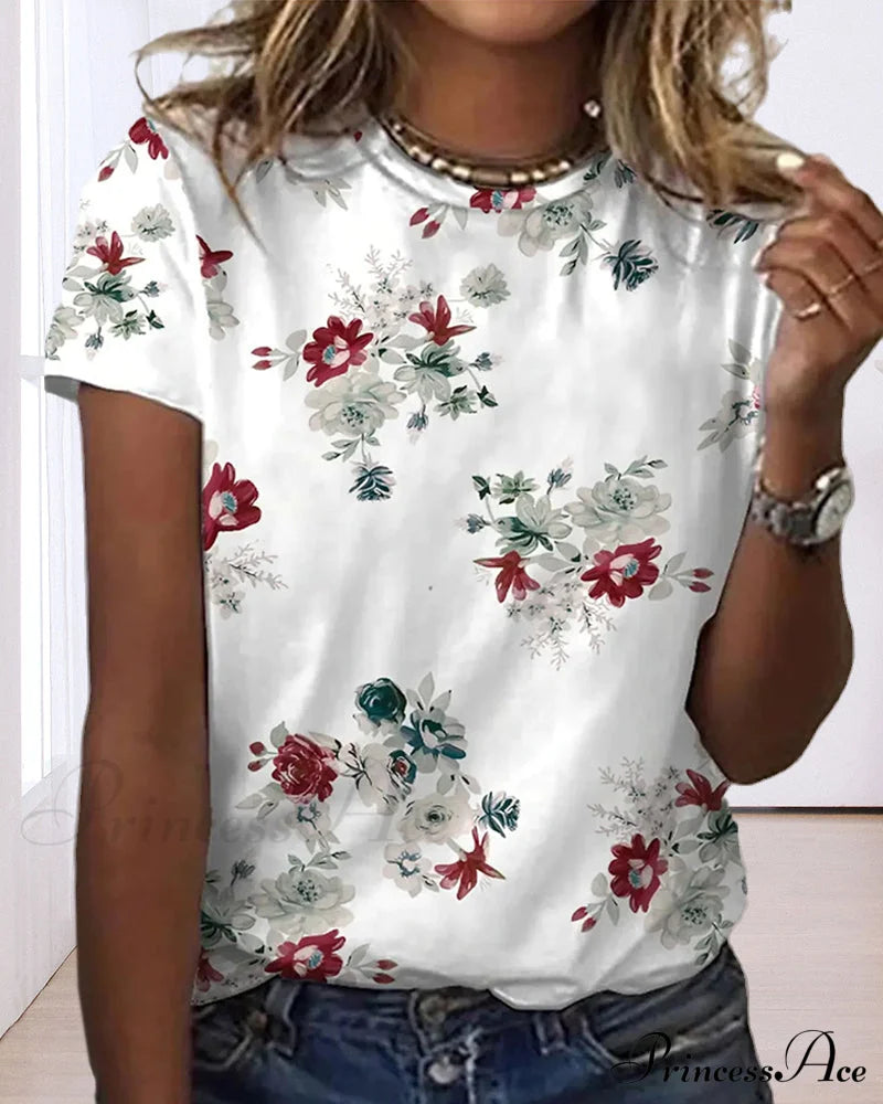 Design Round T-Shirt Flowered With Arm Brief Neck T-Shirts
