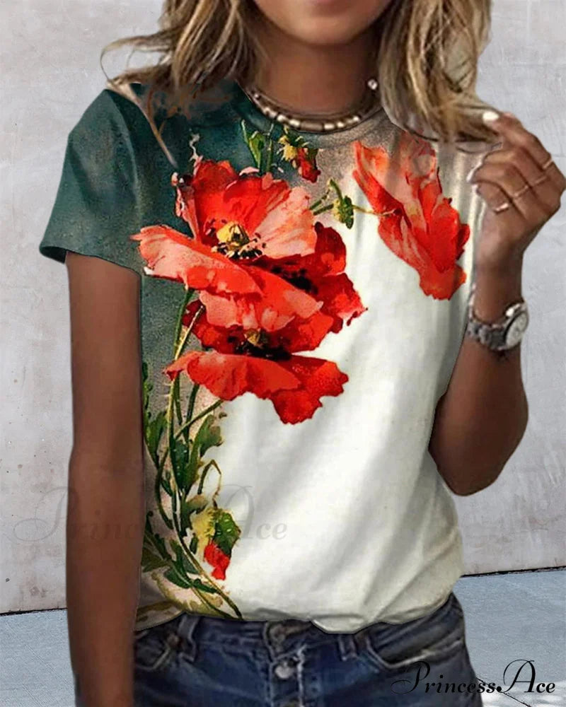 Design Round T-Shirt Flowered With Arm Brief Neck T-Shirts