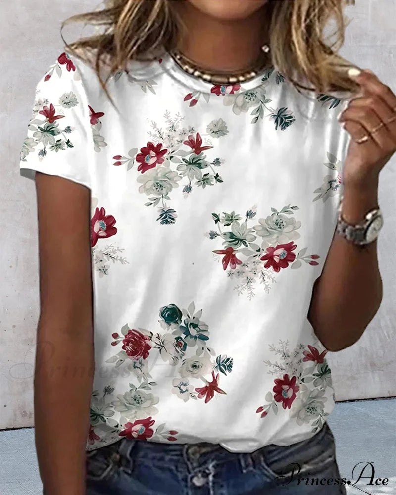 Design Round T-Shirt Flowered With Arm Brief Neck T-Shirts