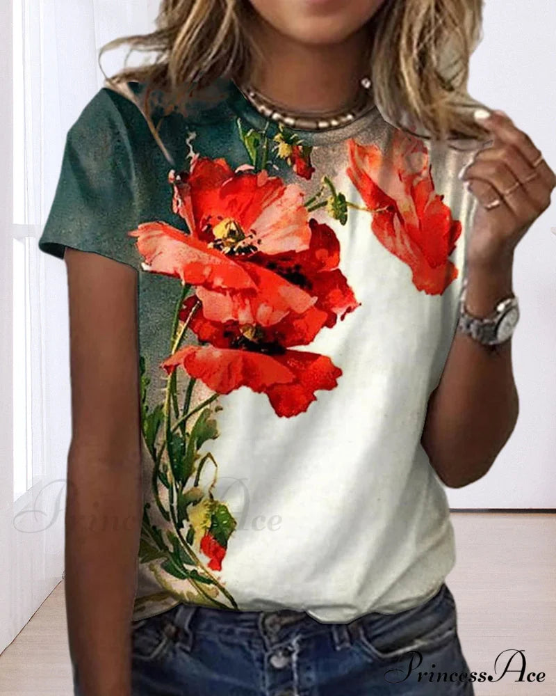 Design Round T-Shirt Flowered With Arm Brief Neck T-Shirts