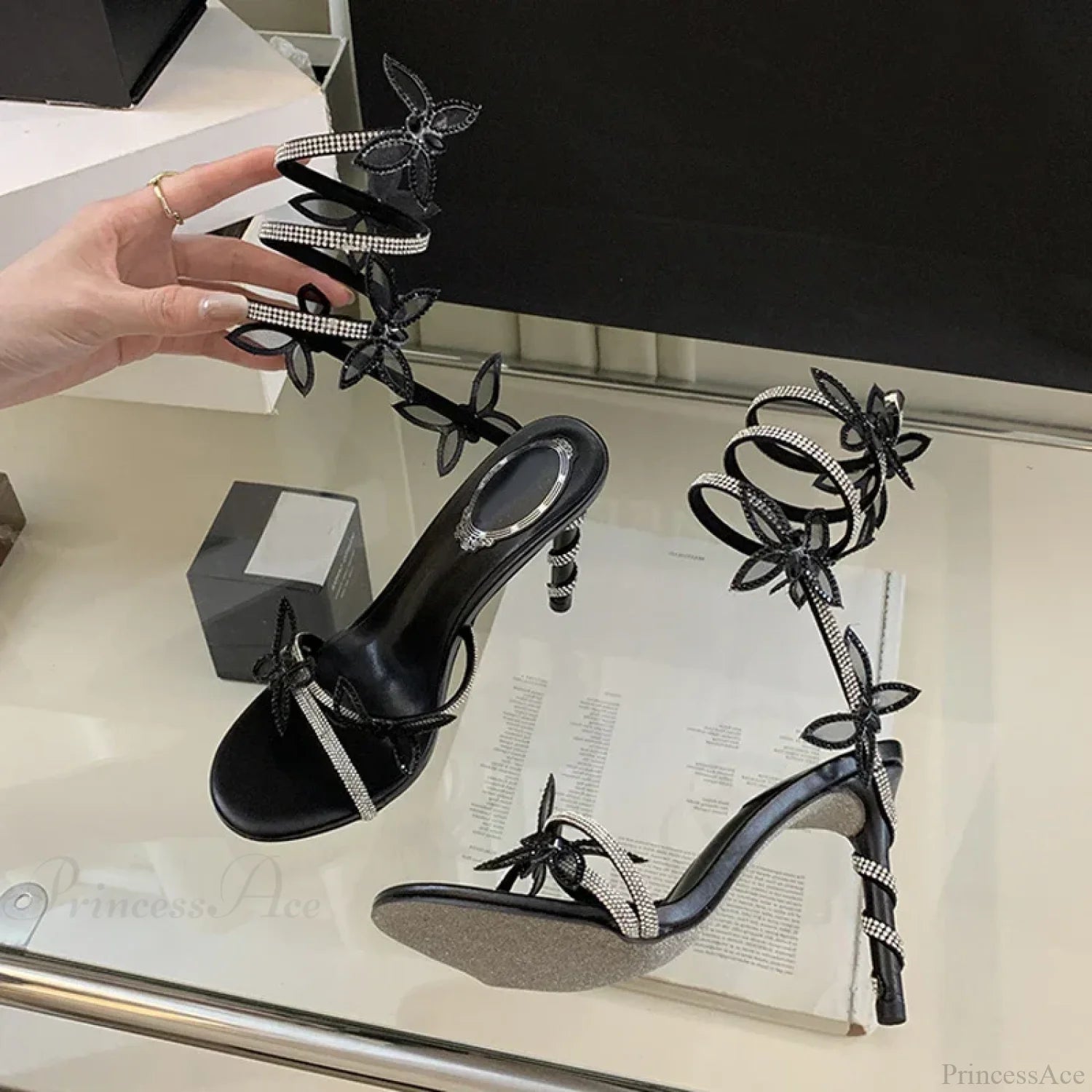 Designer Green Gladiator Rhinestone Butterfly Ankle Snake Twine Party High Heel