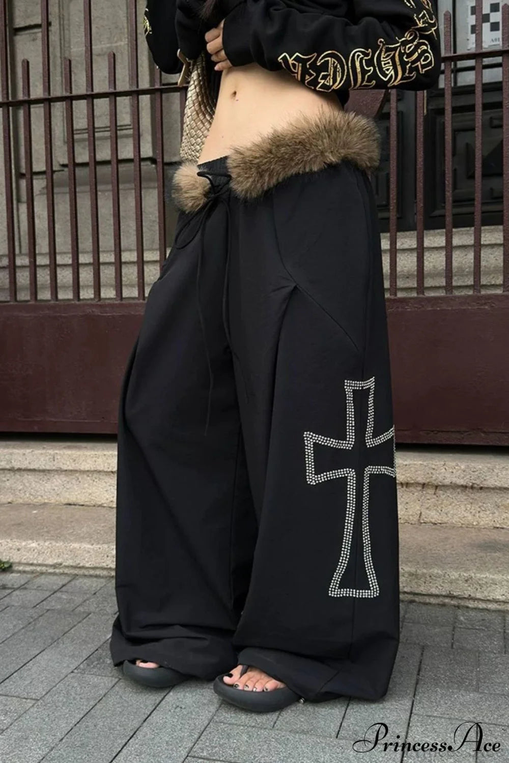 Detachable Fur-Collar Loose Wide-Leg Pants