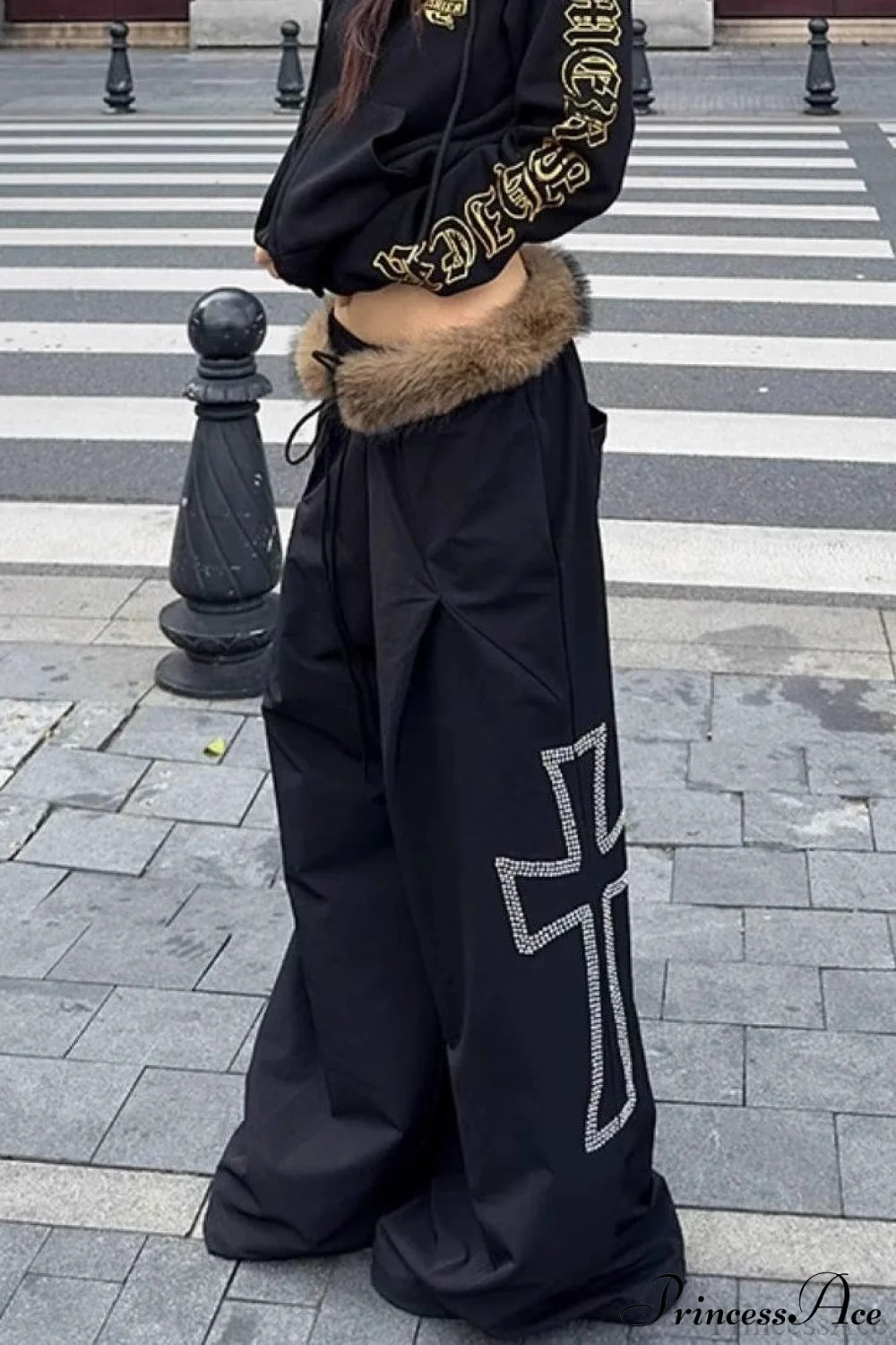 Detachable Fur-Collar Loose Wide-Leg Pants