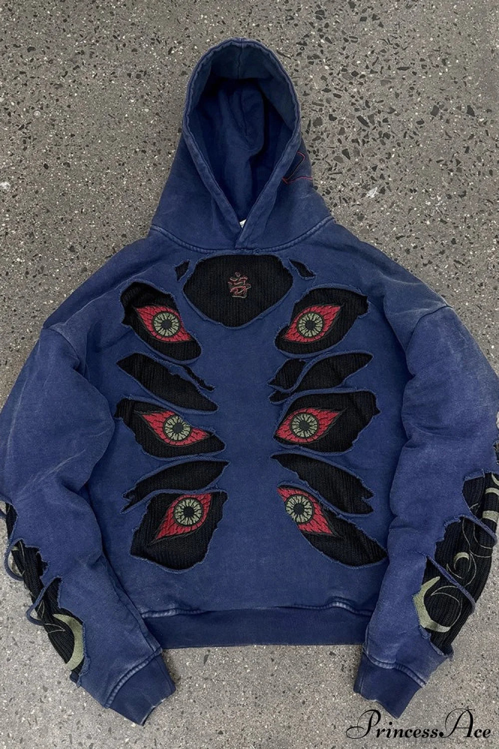 Devil Eye Ripped Embroidered Vintage Hoodie Blue / S