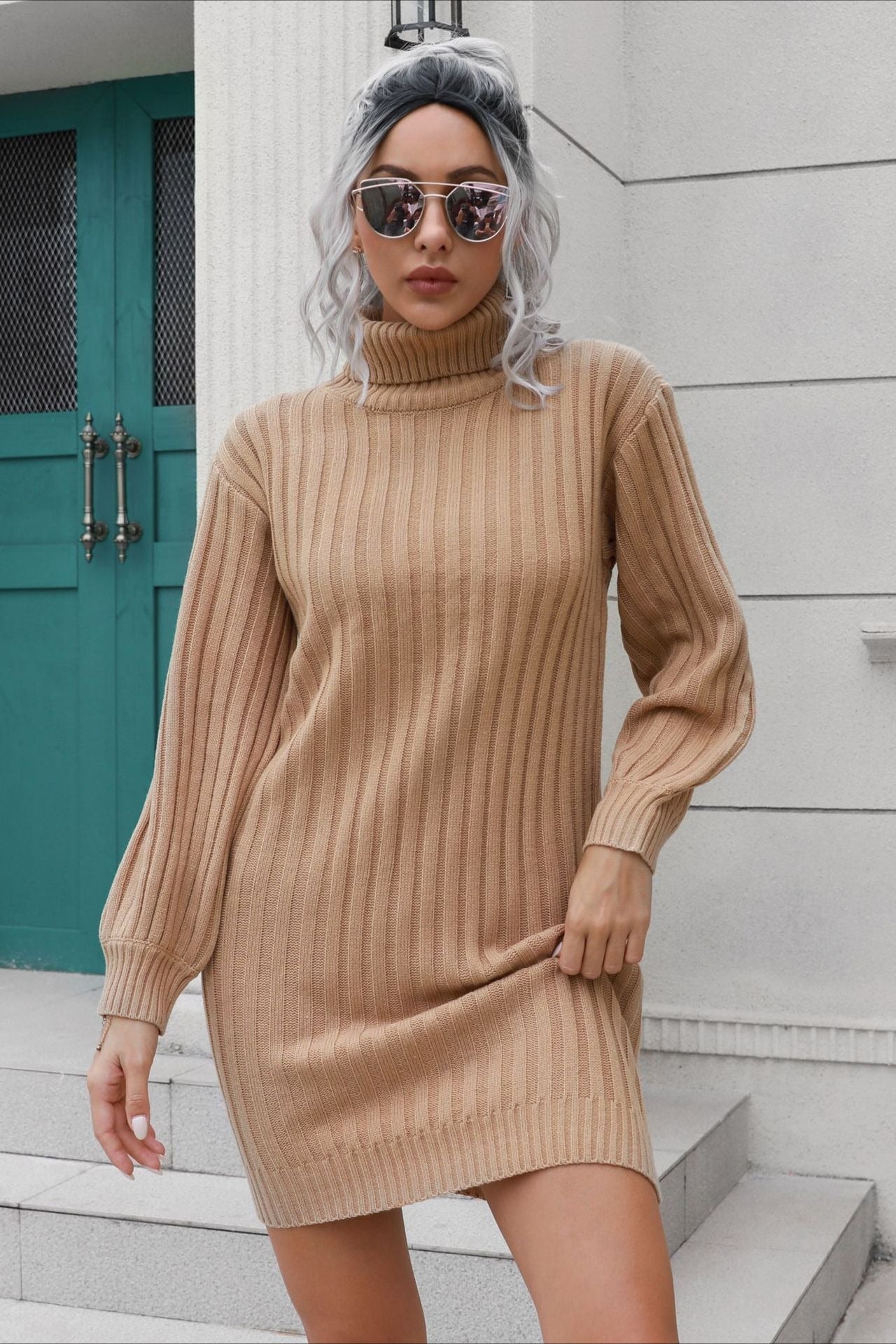 Short Ribbed Turtleneck Sweater Dress