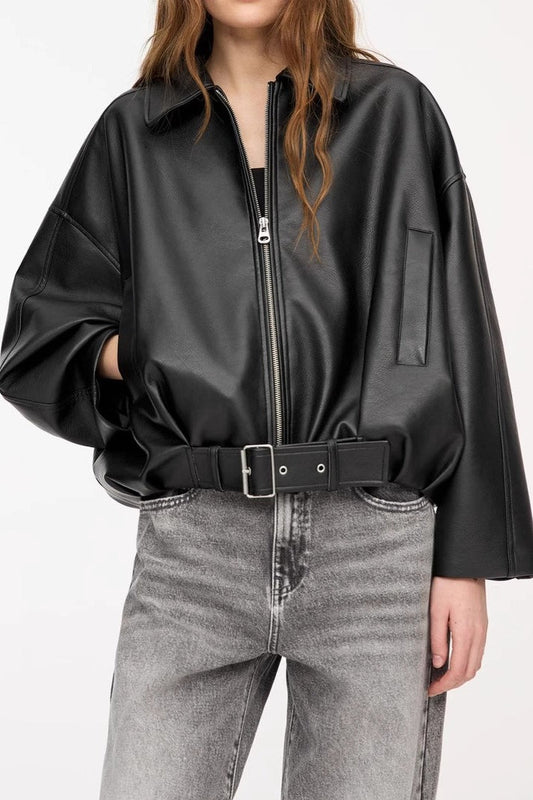Retro Faux Leather Bomber Jacket Black / XS