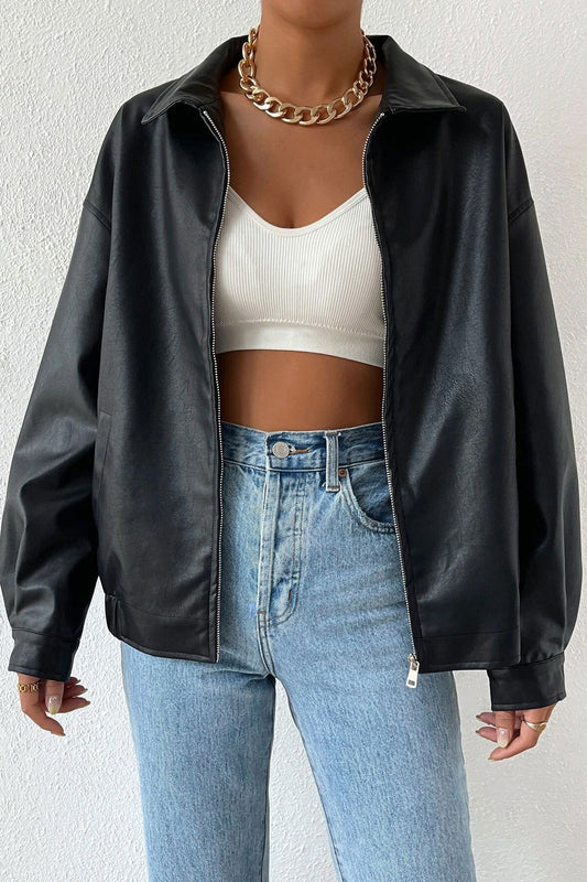 Solid Color Leather Look Jacket Black / S