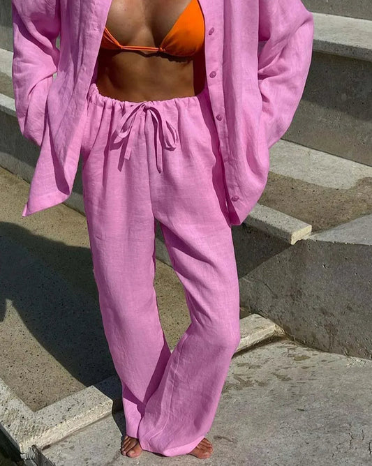 Rosafarbenes, einreihiges Baumwoll-Zweiteiler-Set fürs Büro