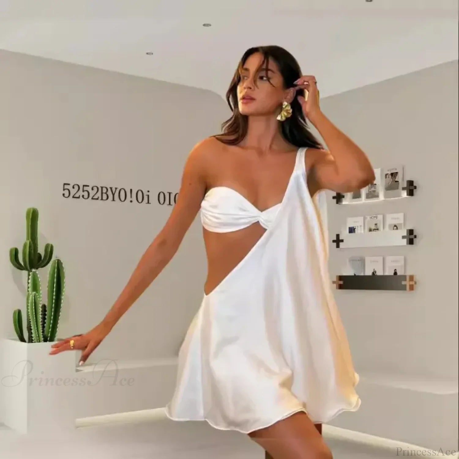 Diagonal Shoulder Mesh Mini Dress minidress-250223