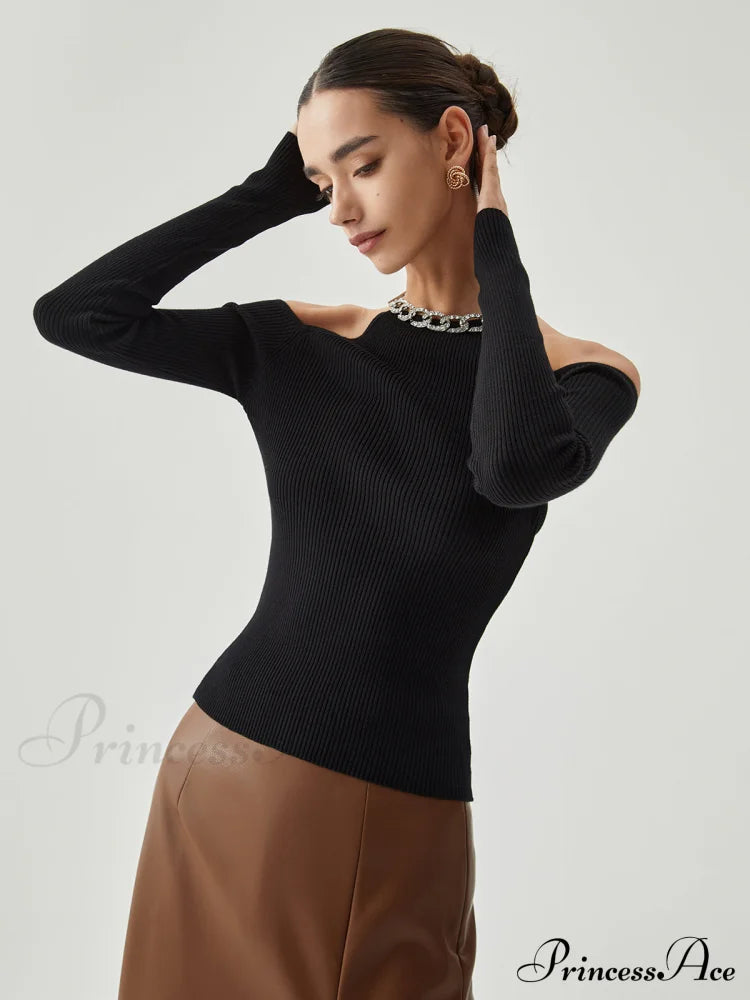 Diamante Neckline Cutout Trendy Long Sleeve Knit Top Sweaters-L