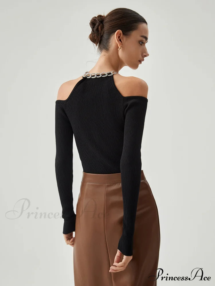Diamante Neckline Cutout Trendy Long Sleeve Knit Top Sweaters-L